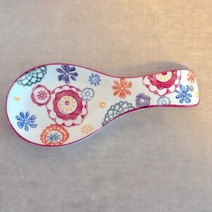 VTG Pier 1 Zinnia Pattern Spoon Rest Hand Painted Stoneware Wall Hanging